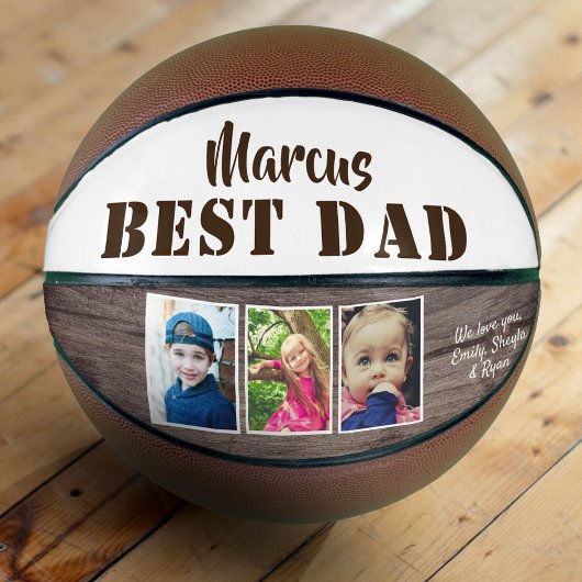 Rustic Hout Beste Papa 3 Foto Collage Vaderdag Basketbal