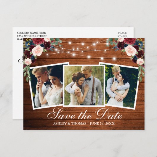 Rustic Hout Bloem 3 Foto Save The Date Uitnodiging Briefkaart (Voorkant / Achterkant)