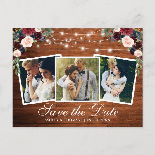 Rustic Hout Bloem 3 Foto Save The Date Uitnodiging Briefkaart (Voorkant)