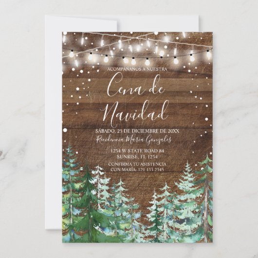 Rustic hout Cena De Navidad dennenbomen Kerstmis Kaart (Voorkant)