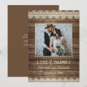 Rustic Hout Crème Kant Trouwfoto Dankjewel Bedankkaart (Voorkant / Achterkant)
