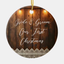 Rustic Hout en Kant Trouw Eerste Kerstmis Keramisch Ornament