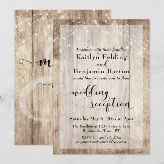 Rustic Hout en Licht Snaar Bruiloftsreceptie Kaart (Voorkant / Achterkant)
