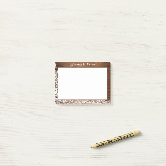Rustic hout en witte kant op maat post-it® notes (Op bureau)