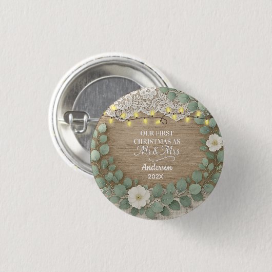 Rustic hout & Eucalyptus Kerstmis Mijnheer & Mevro Ronde Button 3,2 Cm (Voorkant /achterkant)