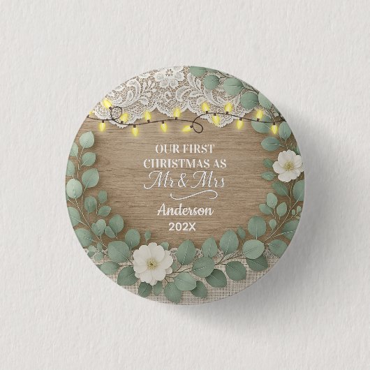 Rustic Hout & Eucalyptus Mijnheer & Mevrouw Kerstm Ronde Button 3,2 Cm (Voorkant)