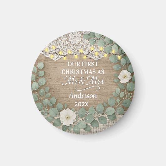 Rustic hout & Eucalyptus Mr & Mrs Kerstmis Magneet (Voorkant)