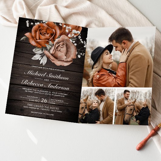 Rustic Hout Gebrande Oranje Roos QR Code Trouwen