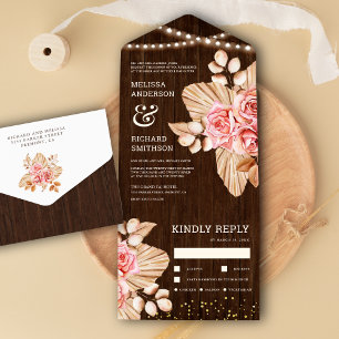 Rustic Hout Gedroogde Palm Aardse Perzik Roze Brui All In One Uitnodiging