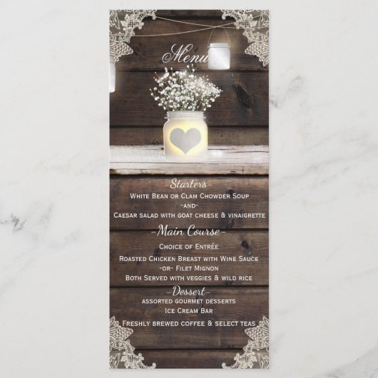 Rustic Hout, Kant & Metsen Potten Schuur Bruilofts Menu (Voorkant)