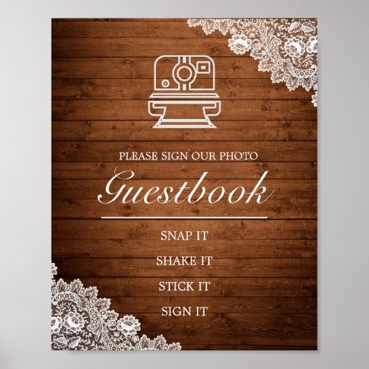 Rustic Hout & Kanten Foto Gastboek Huwelijk Bord Poster (Voorkant)