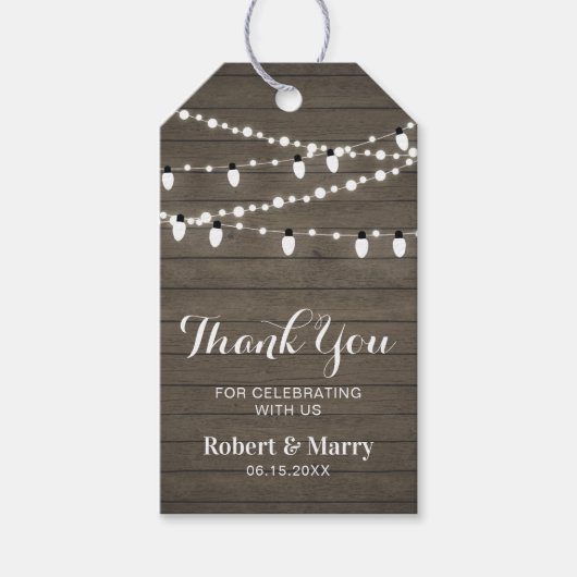 Rustic hout & kerstboomverlichting bedankkaartje cadeaulabel (Voorkant)