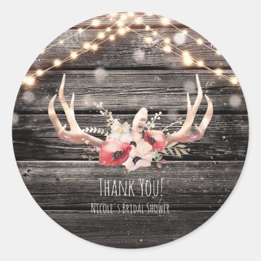 Rustic Hout & Lichten Bloemstukken Gewei Glam Boho Ronde Sticker (Voorkant)