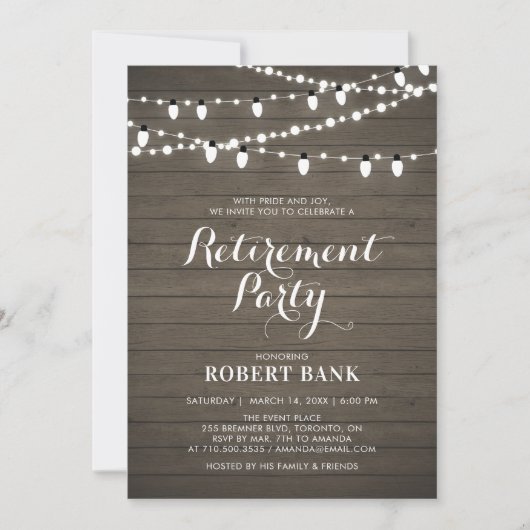 Rustic Hout & Lichten Pensioenfeest Uitnodiging (Voorkant)