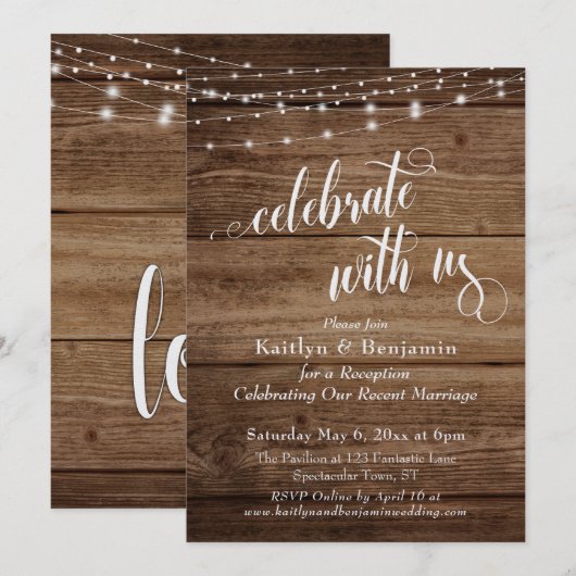 Rustic Hout & Lichten Vier Ons Feest Receptie Kaart (Voorkant / Achterkant)