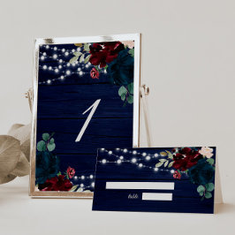 Rustic hout Marsala & Navy blauwe bloemen Kaart