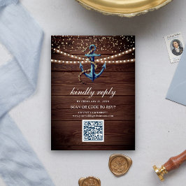 Rustic Hout Navy Blauwe Anker QR Code RSVP Trouwen Informatiekaartje