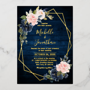 Rustic Hout Navyblauw Roze Geometrisch Huwelijk Folie Uitnodiging