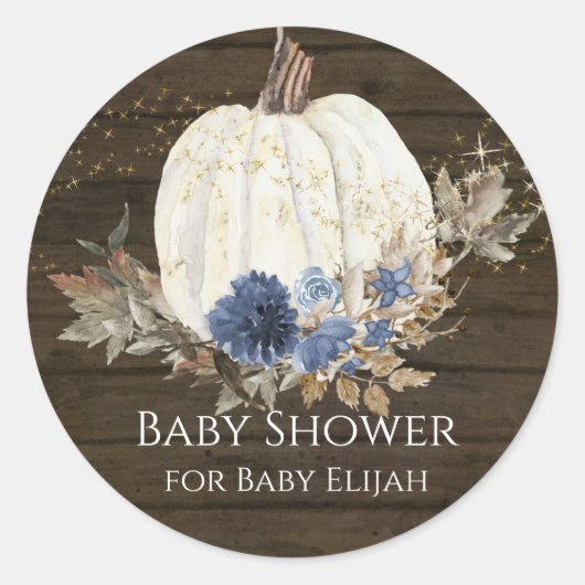 Rustic Hout Navyblauwe Bloem Pompoen Baby Shower Ronde Sticker (Voorkant)