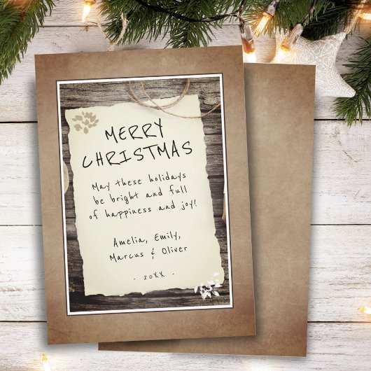 Rustic Hout Oud Papier Script Gelukkig Kerstmis  Feestdagenkaart