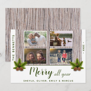 Rustic Hout Prettig Kerstmis Familie 4 Foto Collag Feestdagenkaart