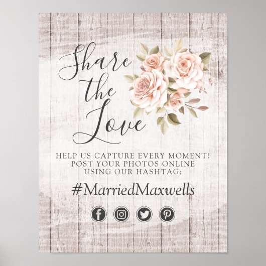 Rustic Hout Romantische Rozen Bruiloft Hashtag Fot Poster (Voorkant)