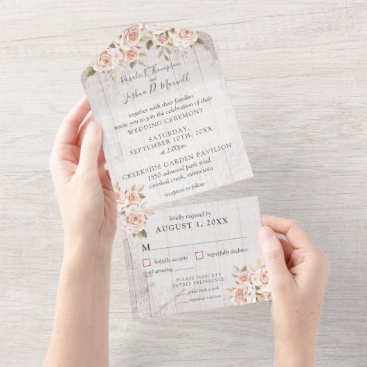 Rustic Hout & Romantische Rozen Shabby Chic Bruilo All In One Uitnodiging (Afscheurbaar)