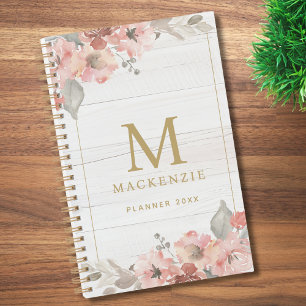 Rustic Hout Roze Bloemige Watercolor Monogram Planner