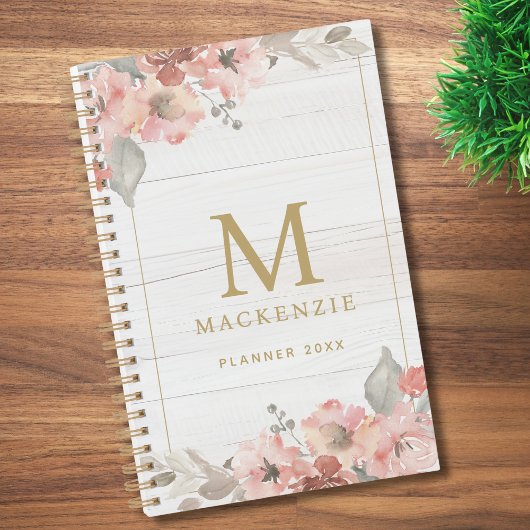 Rustic Hout Roze Bloemige Watercolor Monogram Planner