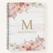 Rustic Hout Roze Bloemige Waterverf Monogram Notitieboek (Voorkant)