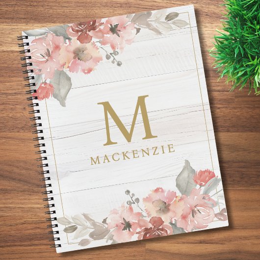 Rustic Hout Roze Bloemige Waterverf Monogram Notitieboek