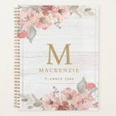 Rustic Hout Roze Bloemige Waterverf Monogram Planner (Voorkant)