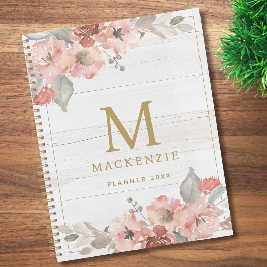 Rustic Hout Roze Bloemige Waterverf Monogram Planner