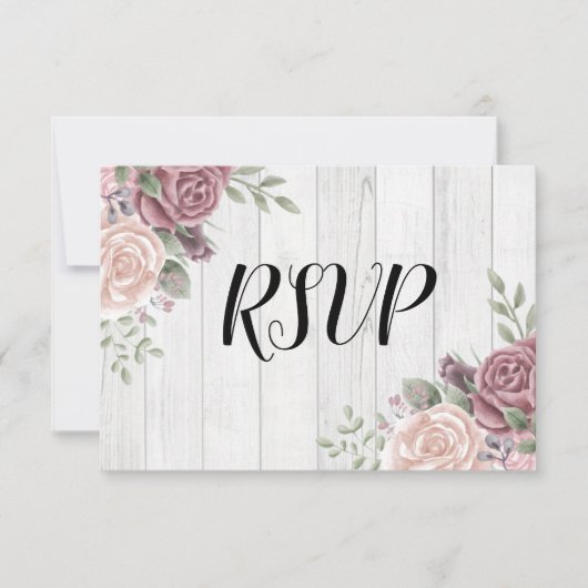 Rustic Hout Stof Roze Waterverf Bloem RSVP Kaartje (Voorkant)