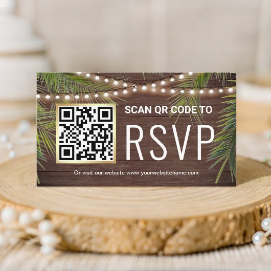 Rustic Hout Tropische Palm QR Code RSVP Trouwen Informatiekaartje