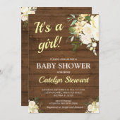 Rustic Hout Witte Bloem Gele Meisje Baby Shower Kaart (Voorkant / Achterkant)