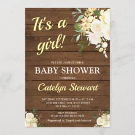 Rustic Hout Witte Bloem Gele Meisje Baby Shower Kaart