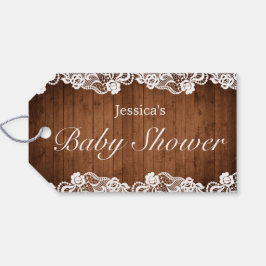 Rustic Hout & Witte Kant Baby Shower Cadeaulabel