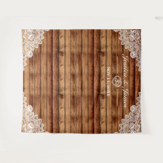 Rustic Hout & Witte Kant Trouw Foto Achtergrond Wandkleed (Voorkant (horizontaal))