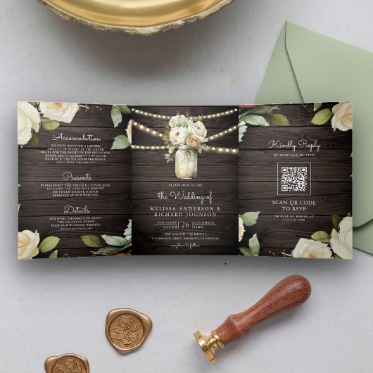 Rustic Hout Witte Rozen Metselwerkpot QR Code Trou Drieluik Uitnodiging
