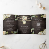 Rustic Hout Witte Rozen Metselwerkpot QR Code Trou Drieluik Uitnodiging (Binnen)