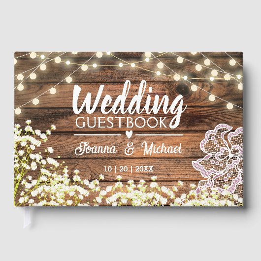 Rustic houten Baby's Breath Lichten en Kant Bruilo Gastenboek (Voorkant)