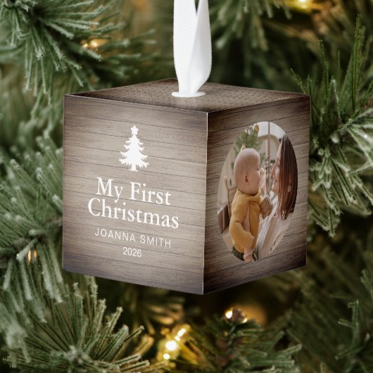 Rustic Houten Baby's Eerste Kerstmis Naam Foto Decoratie (Boom)