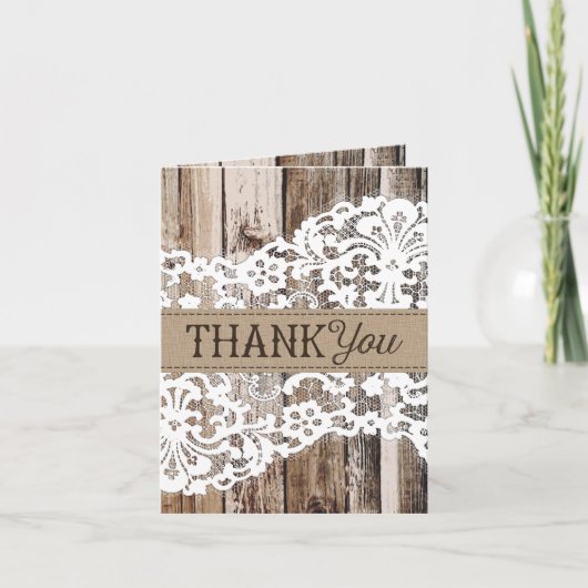 Rustic houten bedankkaart met kant (Voorkant)