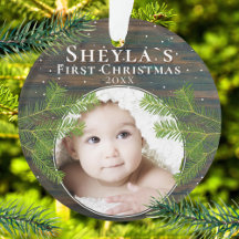 Rustic Houten Dennenhout Baby`s Eerste Kerstmis Fo