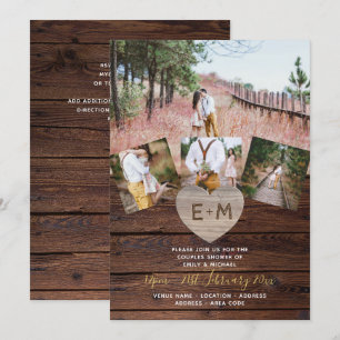 Rustic Houten Gegraveerde Hart FOTOCOLLAGE Koppels Kaart