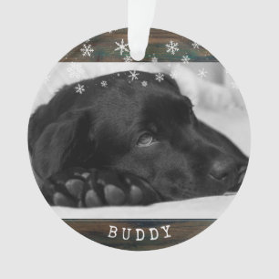 Rustic Houten Hond Dier Foto Sneeuwvlokken Aandenk Ornament