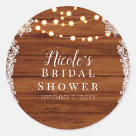 Rustic Houten Kant-en Snoer Lichtjes Bruiloft Brui Ronde Sticker