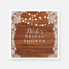 Rustic houten kant- en snoerlampjes bruiloft bruid servet