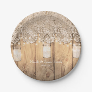 Rustic Houten Kant en Verlichte Mason Jar Bruiloft Papieren Bordje